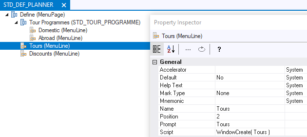 Properties for menu item